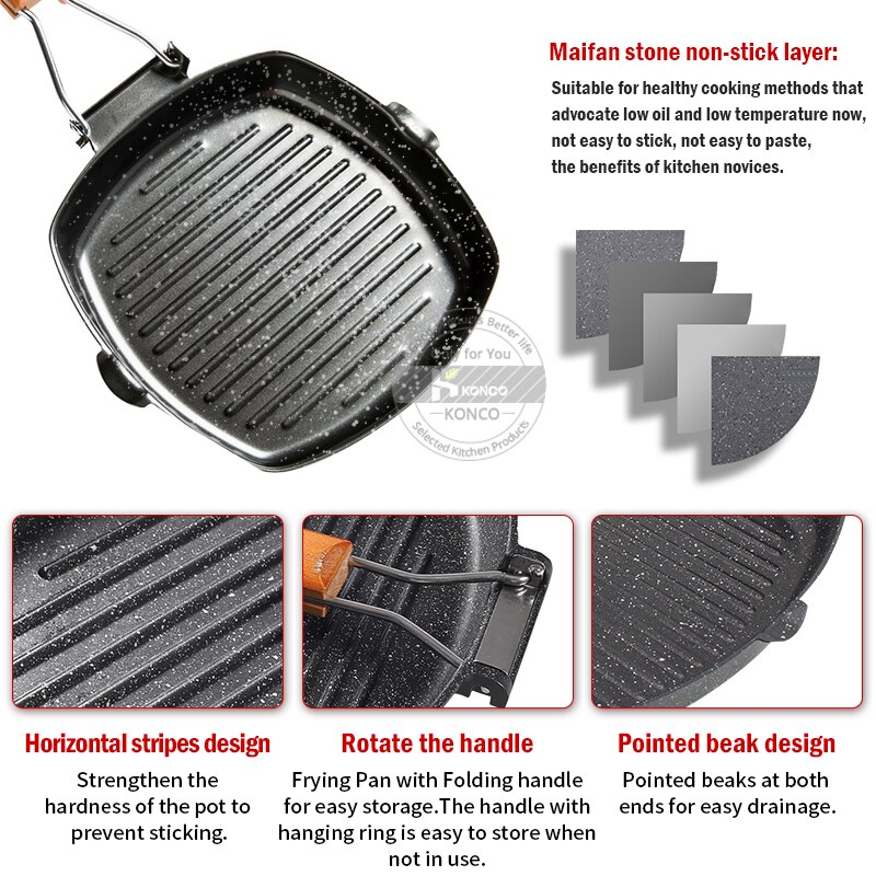 24cm Konco Non-stick Iron Steak Frying Pan Striped Square Grill Plate - Image 4