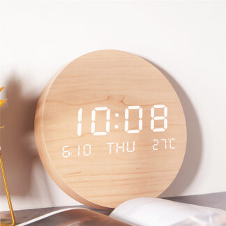 LED Digital Wood Wall Clock Temperature Date Time Multi-Function Display