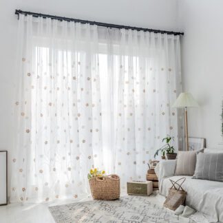 Cute Embroidery Brown Flowers Tulle Sheer Curtain