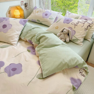 Nordic Style Purple Flowers Duvet Cover Set, 4pcs