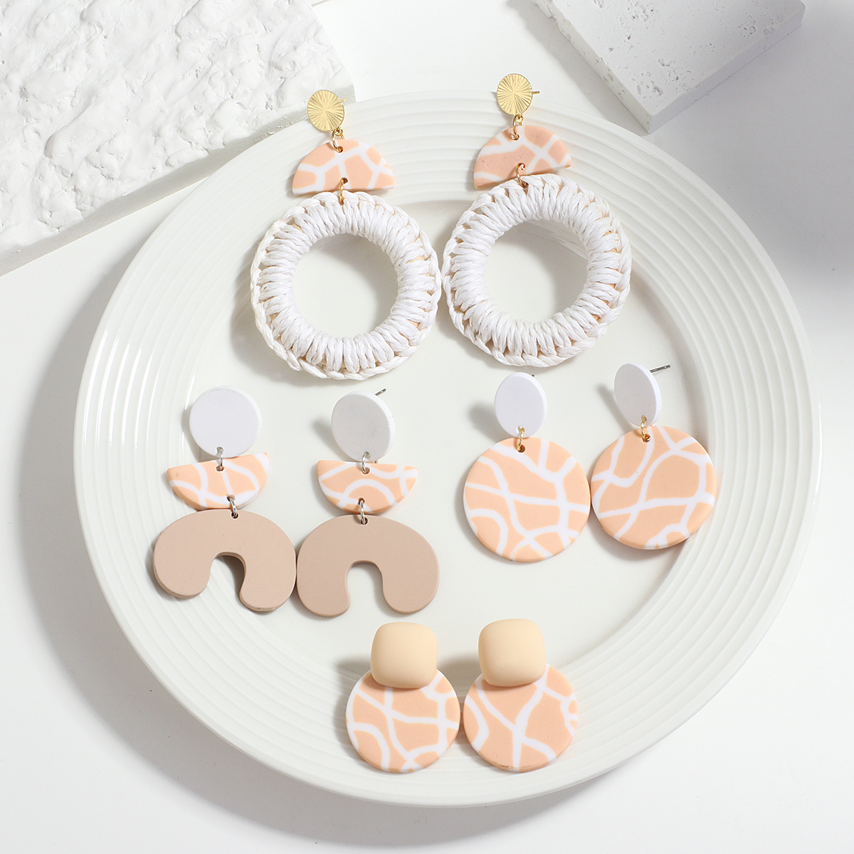 Trendy Geometric Knit Polymer Clay Drop Earrings - Image 3