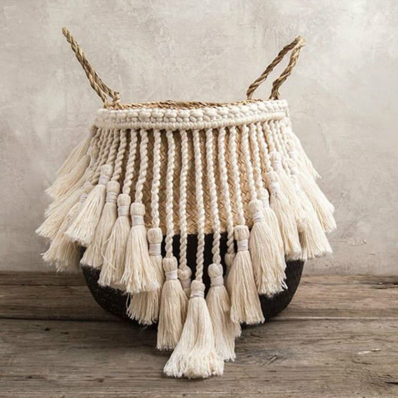 Macrame Woven Wicker Basket Handmade Boho - Image 2