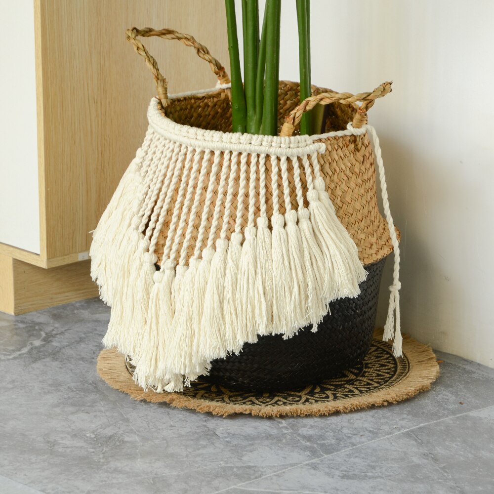 Macrame Woven Wicker Basket Handmade Boho - Image 3