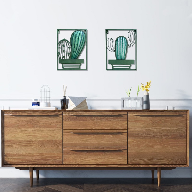 Metal Glass Green Cactus Wall Decor Set - Image 4