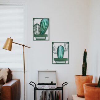 Metal Glass Green Cactus Wall Decor Set