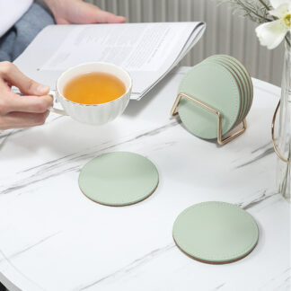 Metal Holder Stand Set PU Leather Coasters