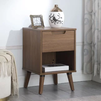 Modern 1 Drawer Bedroom Nightstand, Brown Walnut