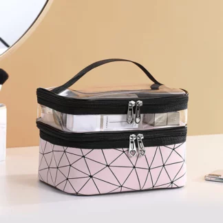 Multifunction Double Transparent Cosmetic Bag Women Make Up Case, Pink