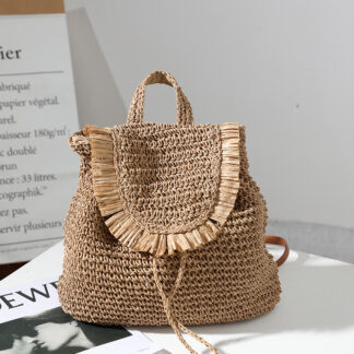Straw Woven Backpack Leisure Tassel, Brown