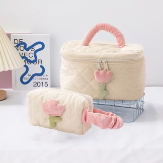 1 Set Solid Color Flower Makeup Bag Zipper Large Soft Corduroy, Yellow