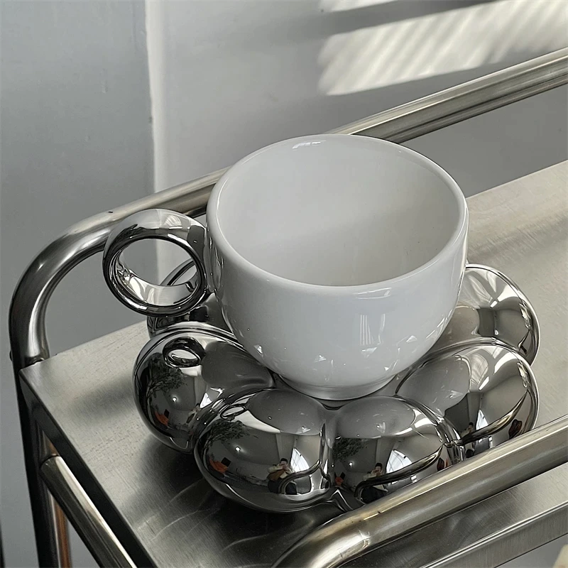 Sunflower Coffee Cup With Saucer, Ceramic Flower Tea Cup, Silver