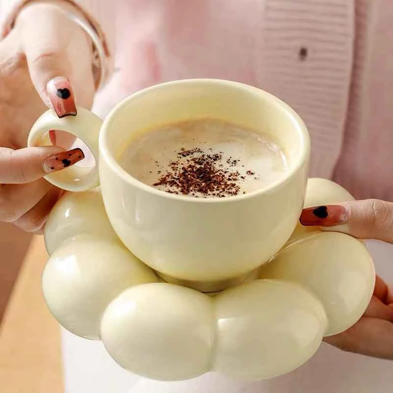 Sunflower Coffee Cup With Saucer, Ceramic Flower Tea Cup, Yellow