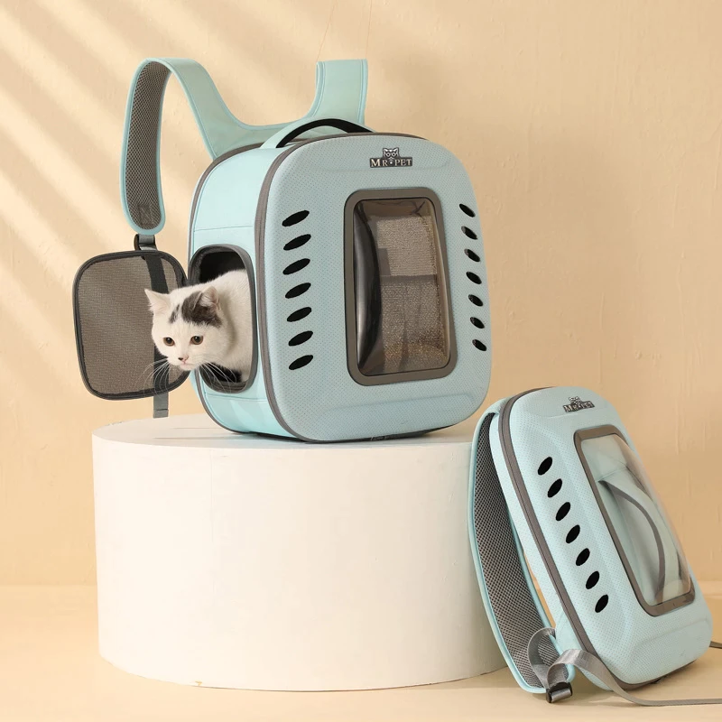 Pet Cat Carrier Backpack Breathable Foldable Blue - Image 2