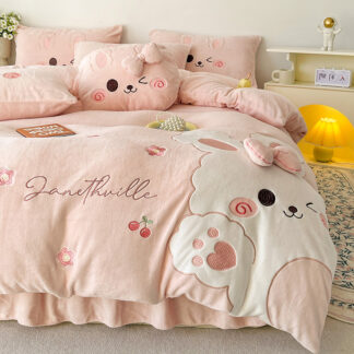 Pink Cute Cartoon Rabbit Applique Embroidery Bedding Set, Queen Size