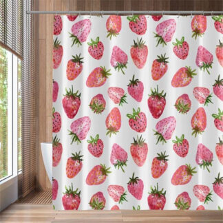Watercolor Strawberry Polyester Shower Curtain With Hooks