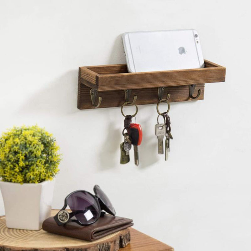 Retro Wooden Storage Rack Wall Shelf Hook Hallway Decorative - Image 2