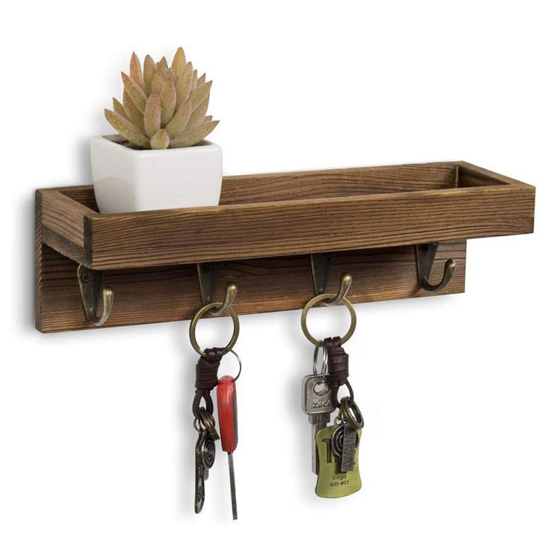 Retro Wooden Storage Rack Wall Shelf Hook Hallway Decorative - Image 3