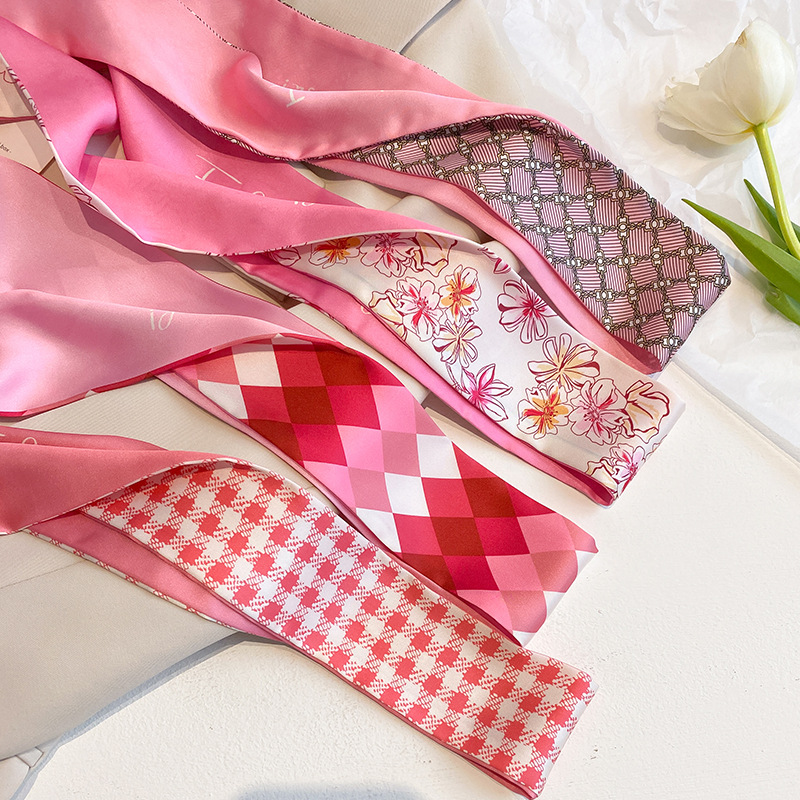 New Fashion Print Pink Skinny Bag Ribbon Scarf - Image 4