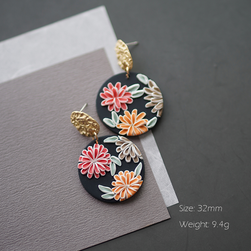 Handmade Art Floral Pattern Dark Solid Clay Earrings - Image 4