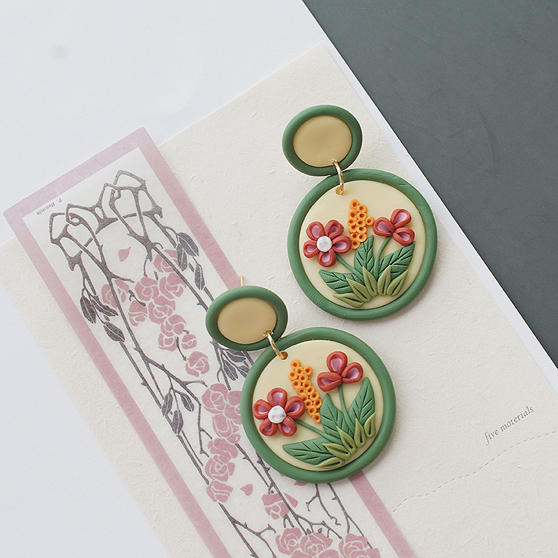 Green Floral Colors Shapes Polymer Clay Earrings - Image 3