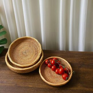 Handwoven Round Rattan Wicker Basket Tray