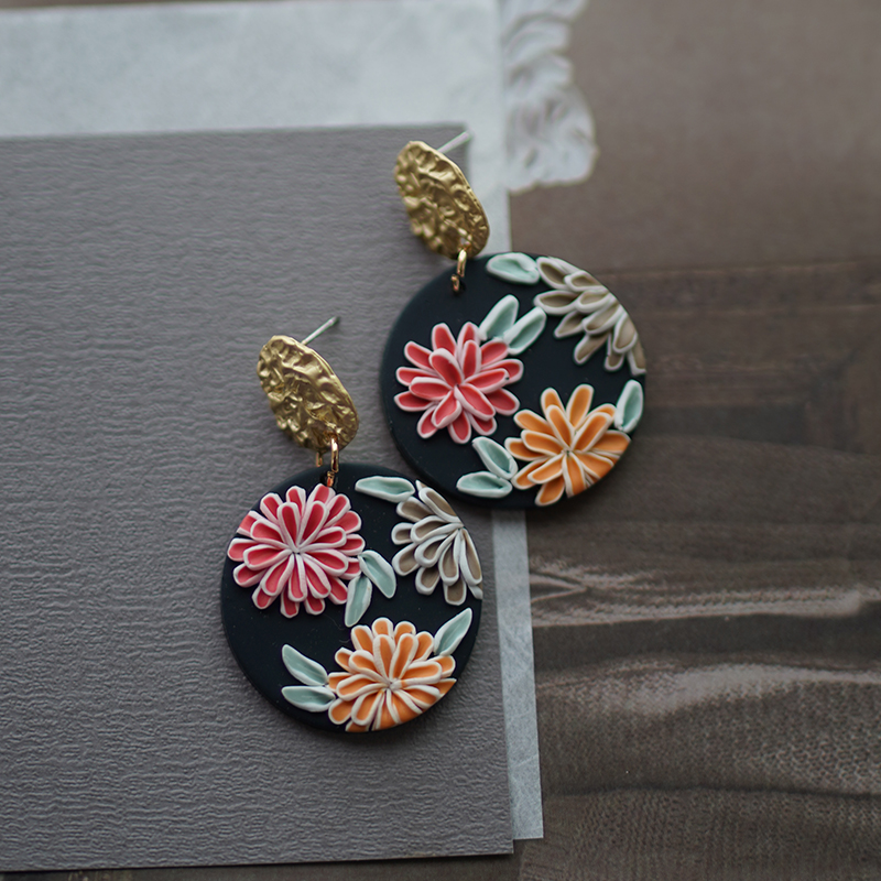 Handmade Art Floral Pattern Dark Solid Clay Earrings - Image 3
