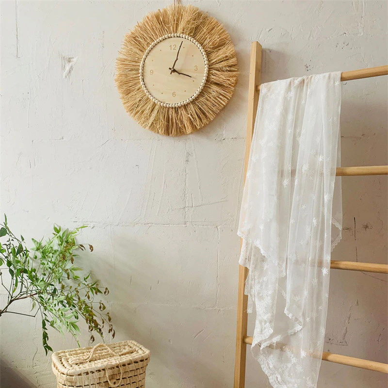 Hand Woven Raffia Straw Wall Clock INS Nordic Minimalist Wooden Mute Clocks - Image 2