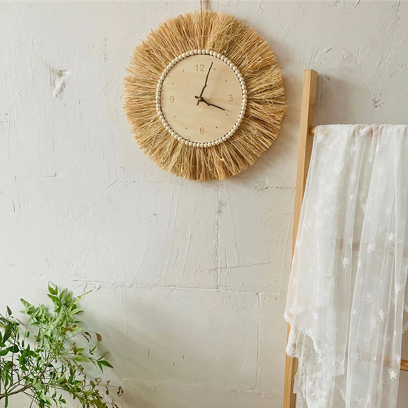 Hand Woven Raffia Straw Wall Clock INS Nordic Minimalist Wooden Mute Clocks - Image 6