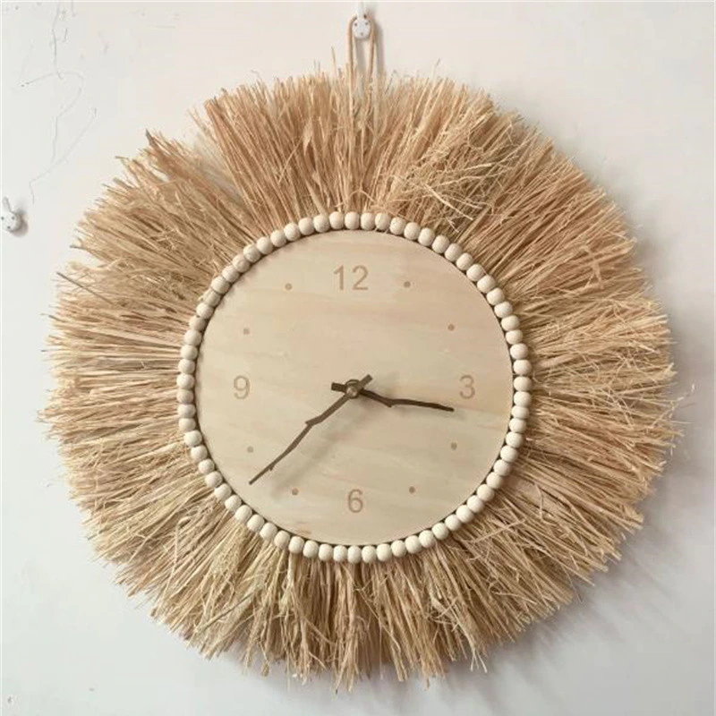 Hand Woven Raffia Straw Wall Clock INS Nordic Minimalist Wooden Mute Clocks