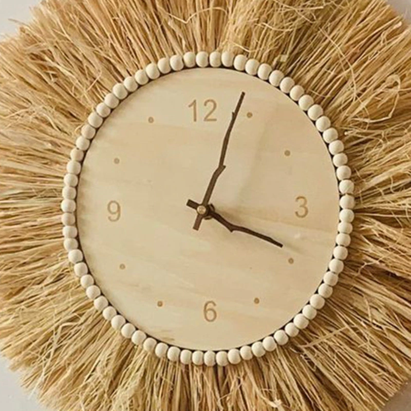 Hand Woven Raffia Straw Wall Clock INS Nordic Minimalist Wooden Mute Clocks - Image 5
