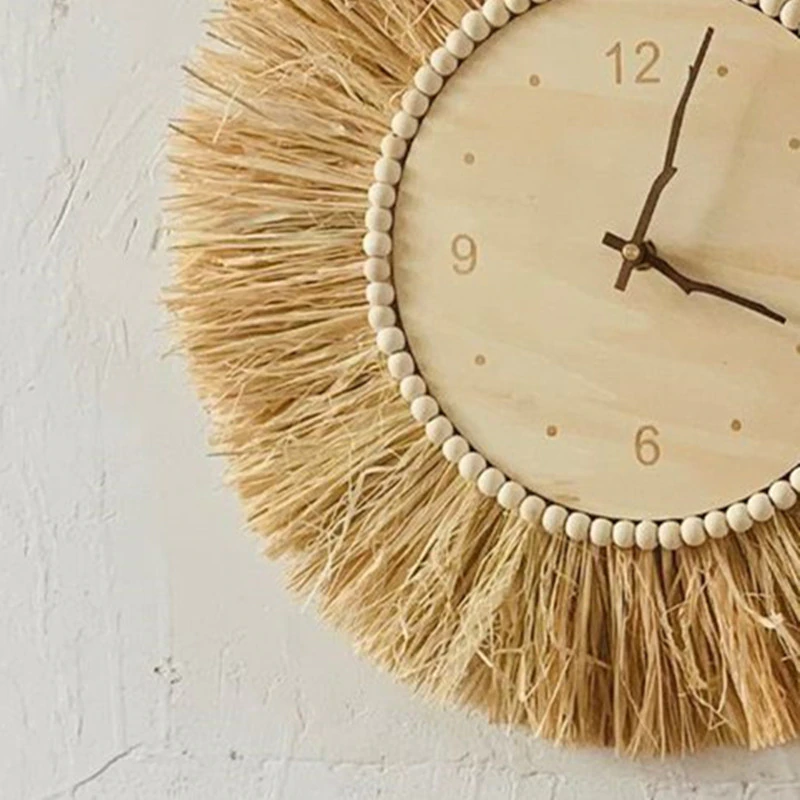 Hand Woven Raffia Straw Wall Clock INS Nordic Minimalist Wooden Mute Clocks - Image 4