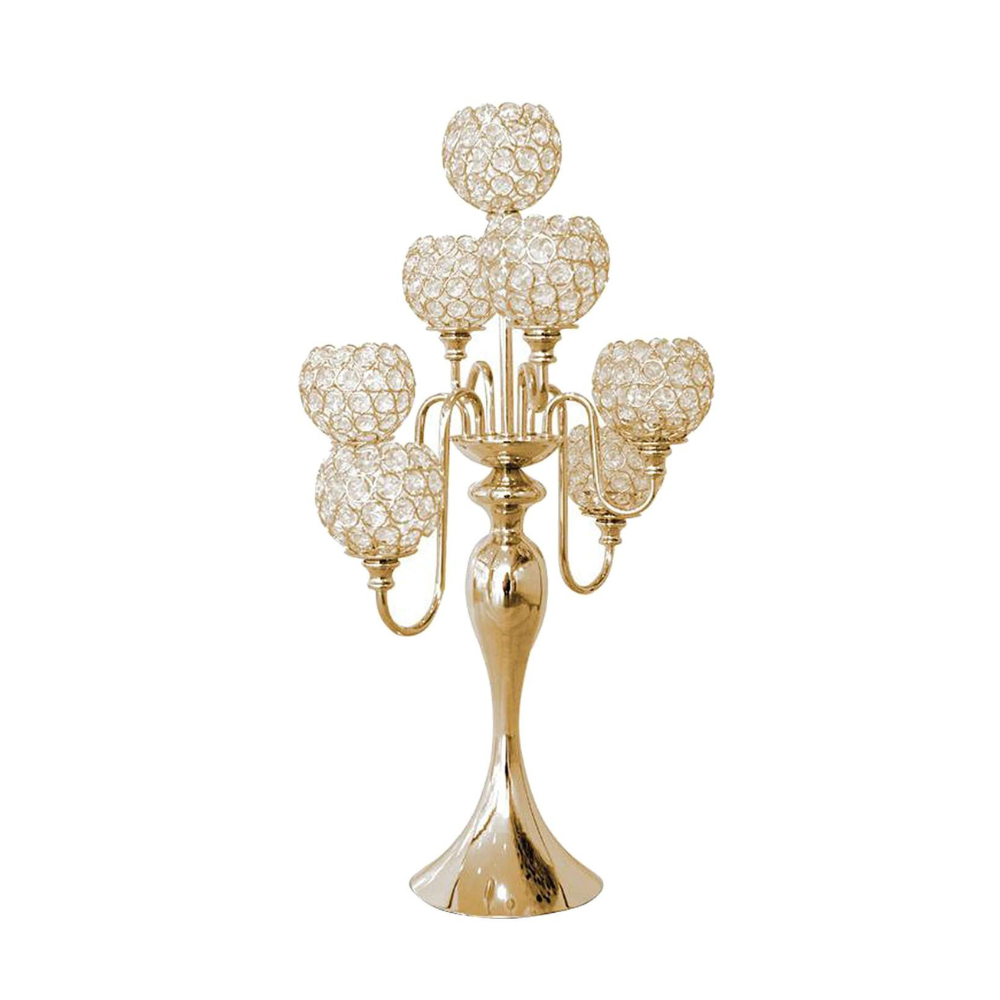 7-Candle Crystal Candelabra Centerpiece Candle Stand, Golden