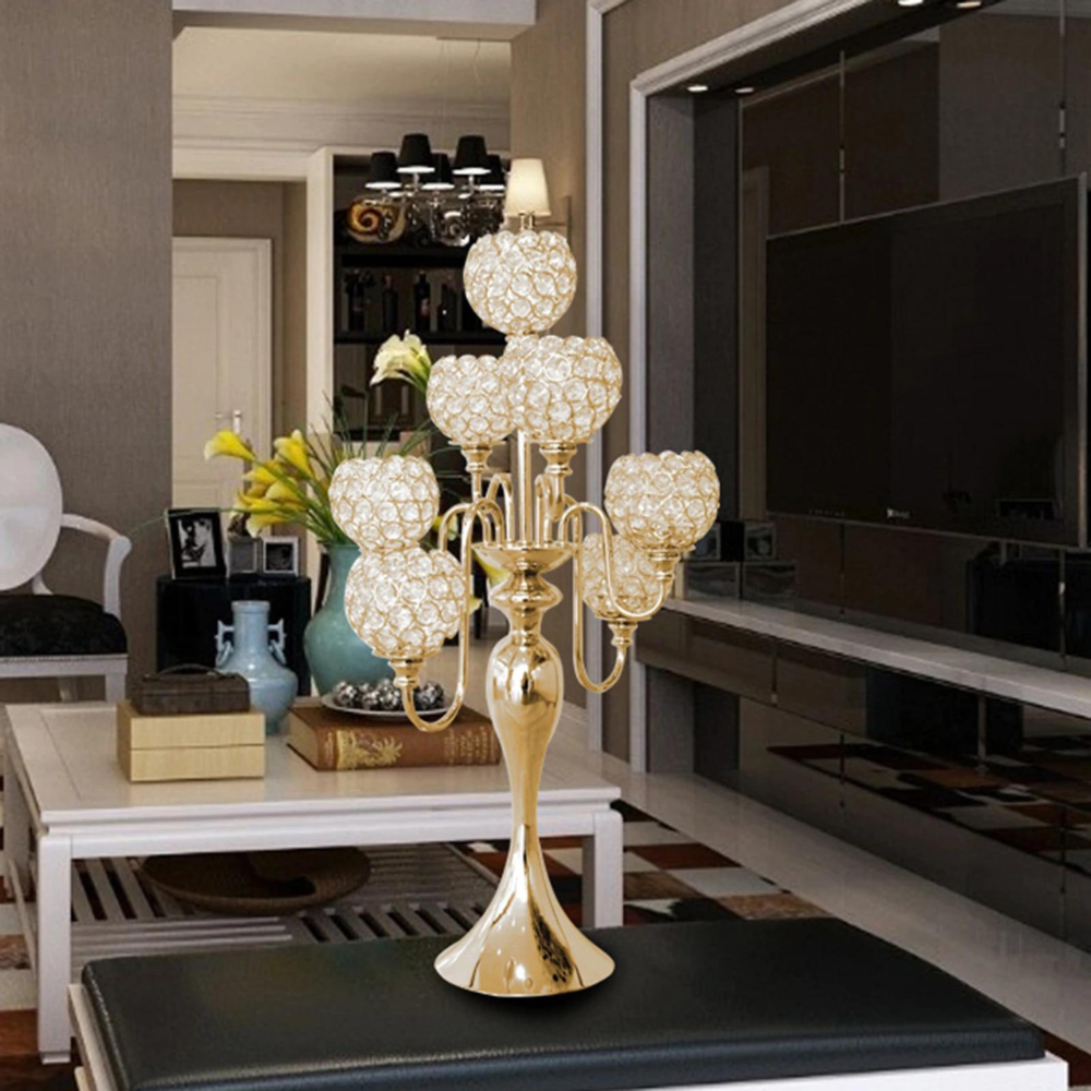 7-Candle Crystal Candelabra Centerpiece Candle Stand, Golden - Image 2