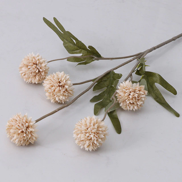 5 Heads Silk Dandelion Flower Ball Pompom Artificial Flowers Branch with Green Leaves Home Decoration