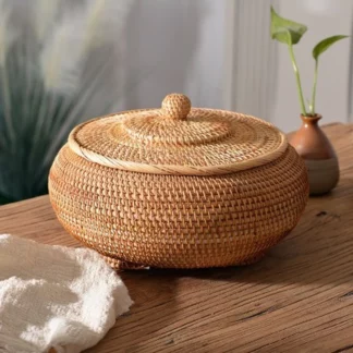 Hand-Woven Round Rattan Boxes with Lid