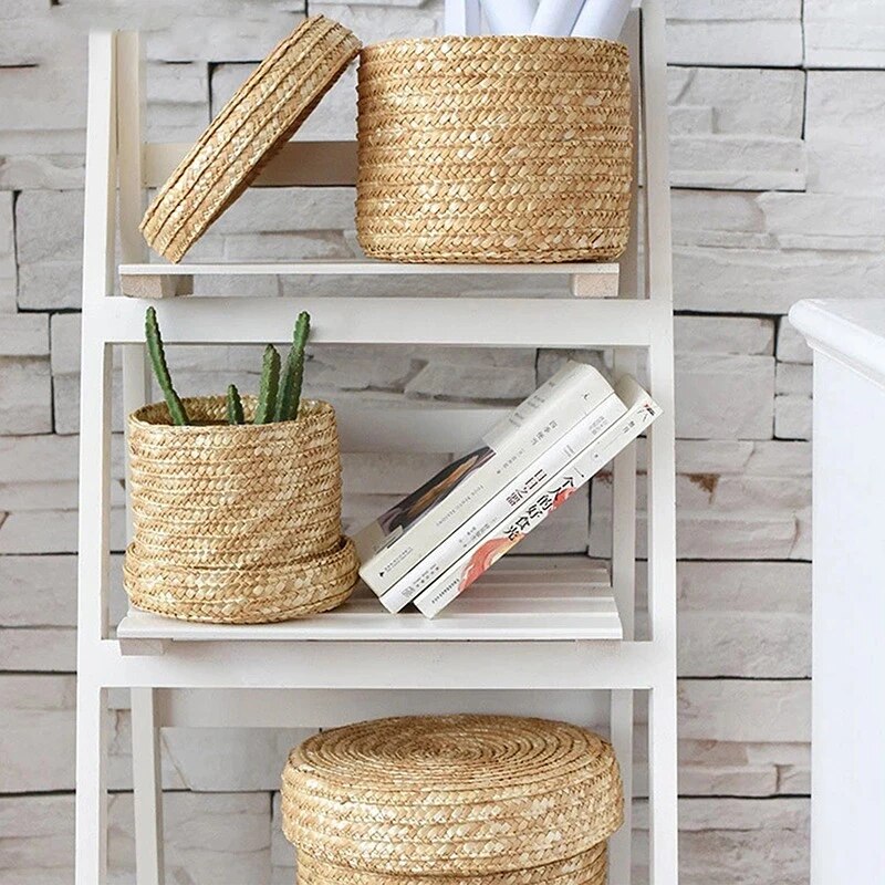 Handmade Straw Woven Storage Basket With Lid - Image 2