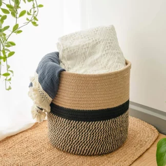 Black & Beige Hand-woven Cotton Rope Storage Basket