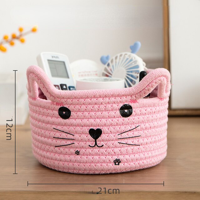 Pink Cartoon Cat Hand Woven Storage Basket - Image 3