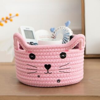 Pink Cartoon Cat Hand Woven Storage Basket