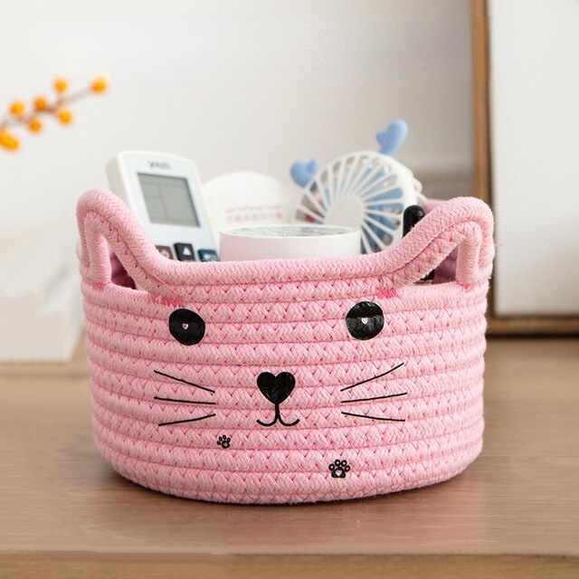 Pink Cartoon Cat Hand Woven Storage Basket