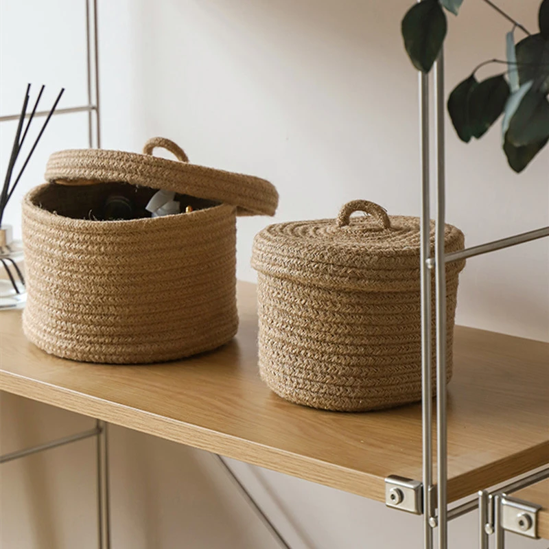 2 PCS Jute Woven Basket Cosmetics Storage Box With Cover - Image 2