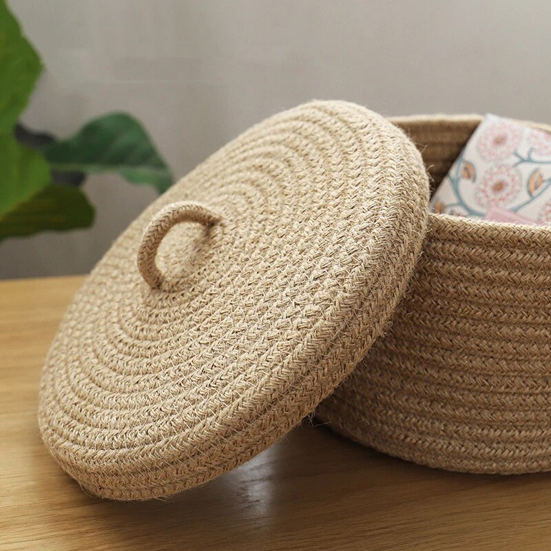 2 PCS Jute Woven Basket Cosmetics Storage Box With Cover - Image 3
