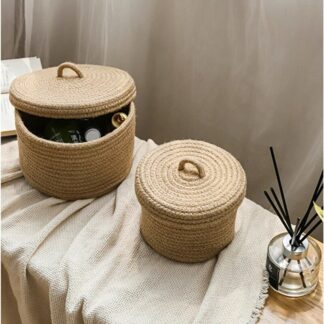 2 PCS Jute Woven Basket Cosmetics Storage Box With Cover