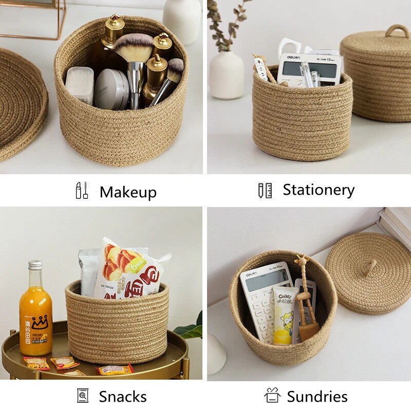 2 PCS Jute Woven Basket Cosmetics Storage Box With Cover - Image 4