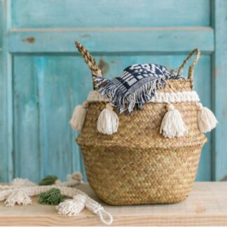 Macrame Rattan Basket Decoration Wicker Basket with White Tassel