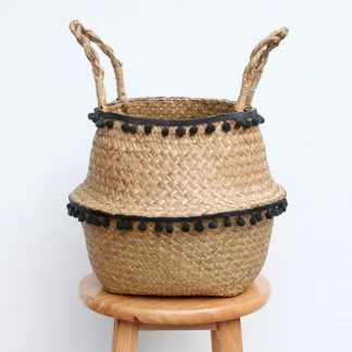 Foldable Natural Seaweed Rattan Woven Basket with Handles
