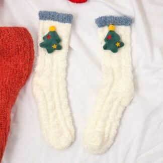 Kawaii White Christmas Tree Fuzzy Fluffy Female Socks