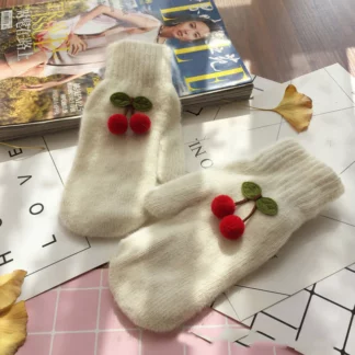 Women Winter Cute Cherry Keep Warm Mittens Full Finger