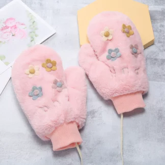 Cute Flower Plus Velvet Thicken Hanging Neck Plush Female Gloves