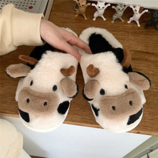 Comwarm Cute Milk Cow Furry Slipper For Women
